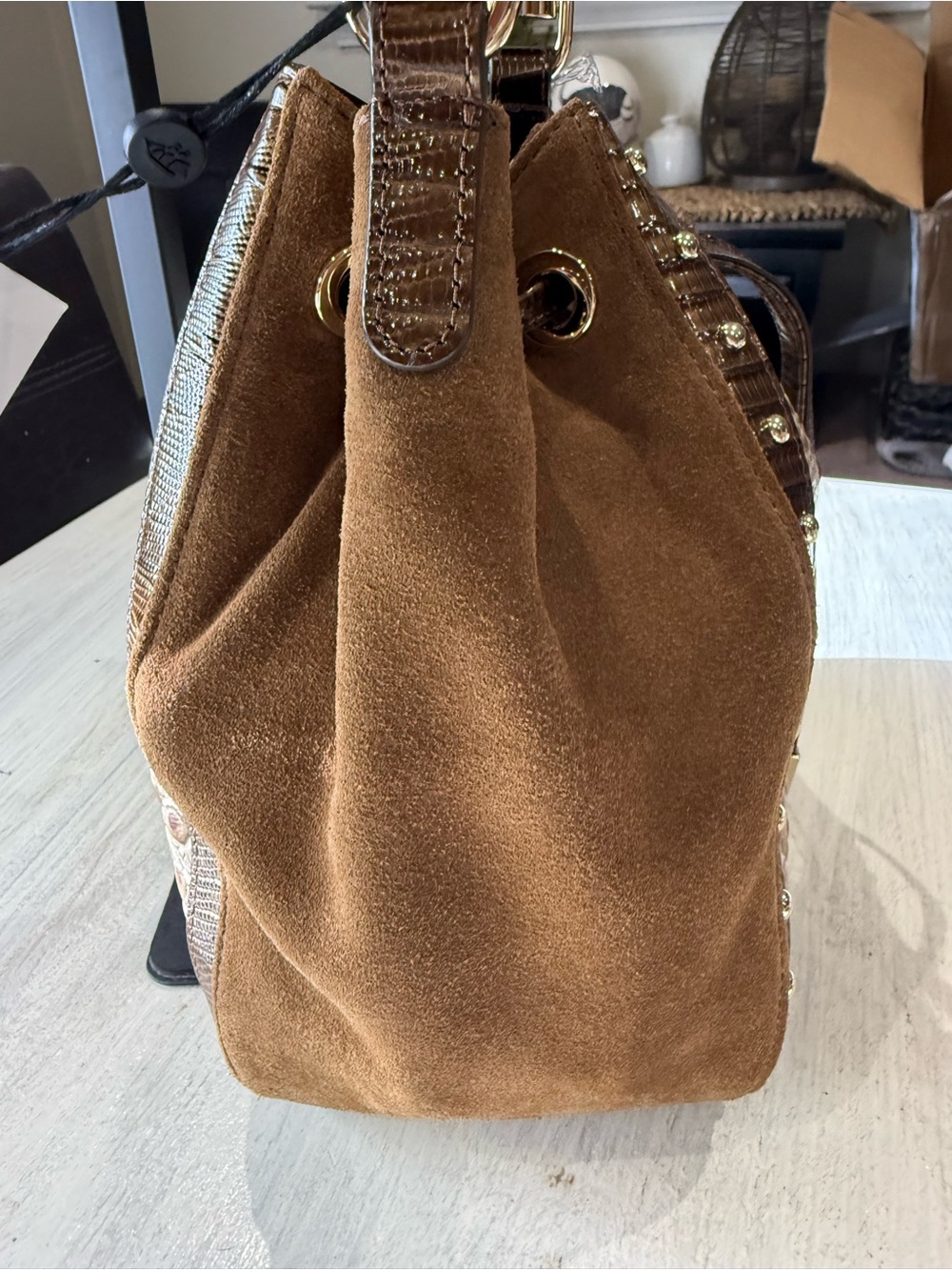 Brahmin Melinda Taupe Ensemble Brown Suede & Cream Drawstring Bucket Crossbody - Picture 5 of 14